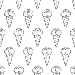 Seamless doodle ice cream pattern, hand-drawn triple cone background, ice-cream vector wallpaper, for cards, invitations, food design, EPS 8