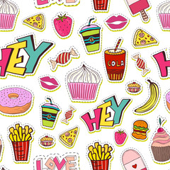Fashion seamless pattern with patches. Cartoon background in 80s 90s comic trendy style. Vector bright illustration. Fabric textile or scrapbooking paper