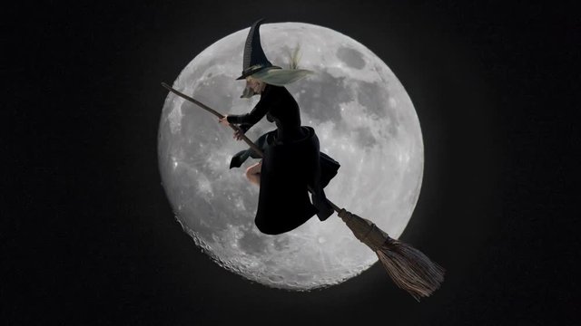 funny fearful witch flying on a broom on moon background render 3D