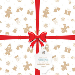 Christmas present template. Seamless pattern with golden silhouettes, red ribbon and label are grouped separately.