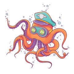 Vector Illustration of Orange Octopus Wearing Captain Hat and Steampunk Goggles isolated on White Background