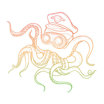 Vector Illustration of Outline Octopus Wearing Captain Hat and Steampunk Goggles On White Background