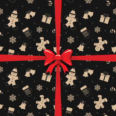 Christmas present template. Seamless pattern with golden silhouettes and red ribbon are grouped separately. Can be used as wrapping paper, greeting card or web site backdrop.
