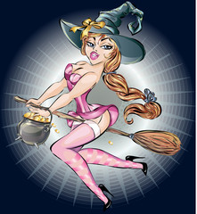 Pin up sexy witch woman flying on broom, halloween costume, vector - 121478159