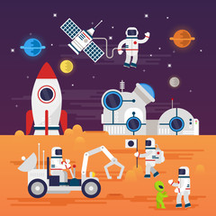 Astronauts characters set in flat cartoon style. Human spaceman and a cute extraterrestrial. Set of universe infographic vector illustration with rocket, satellite, space station, planets, stars, Mars