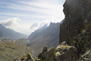 Sharp rocky peaks of Tatra Mountains view from saddle Prielom. Slovakia