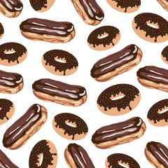 Seamless pattern with eclair and doughnut.Sweet vector print.Colorful background