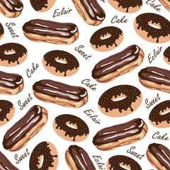 Seamless pattern with eclair and doughnut.Sweet vector print.Colorful background