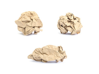 Closeup group of brown crumpled paper isolated on white background