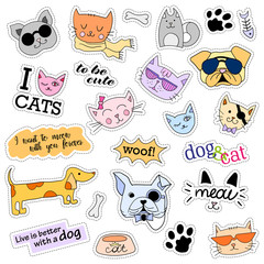 Fashion patch badges. Cats and dogs set. Set of stickers, pins, patches and handwritten notes collection in cartoon 80s-90s comic style. Trend. Vector illustration isolated. Vector clip art.
