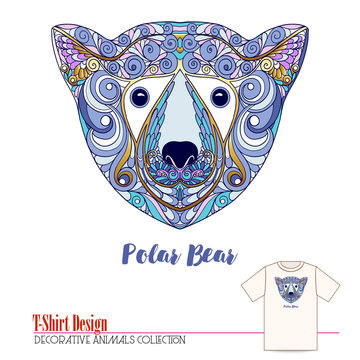 Ethnic patterned ornate hand drawn head of polar bear.