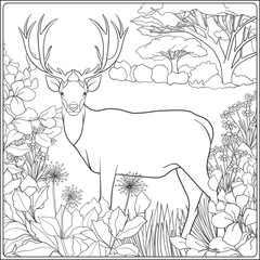 Coloring page with deer in forest.