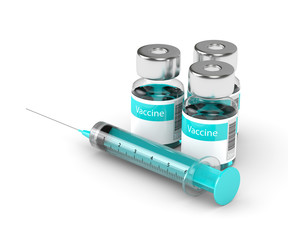 3d rendering of vaccine vials and syringe isolated over white
