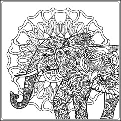 Coloring page with elephant in decorative mandala frame.