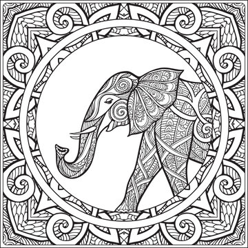 Coloring Page With Elephant In Decorative Mandala Frame.