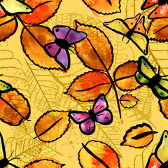 Naklejka na ściany i meble Vector seamless pattern with freehand watercolour butterflies an