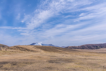 Crater of Mount Naka or Aso Mountain is the largest active volca