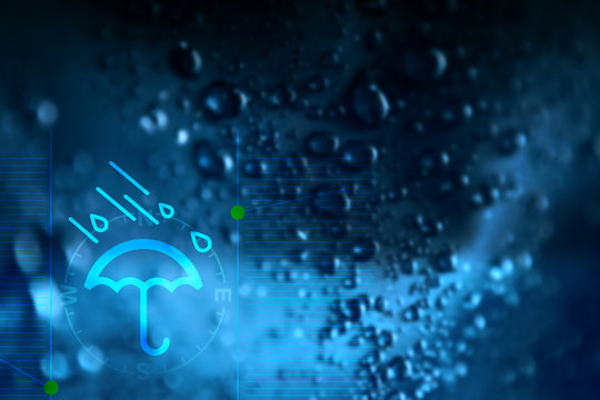 Rain and Umbrella icon present over blurred droplet on blue background
