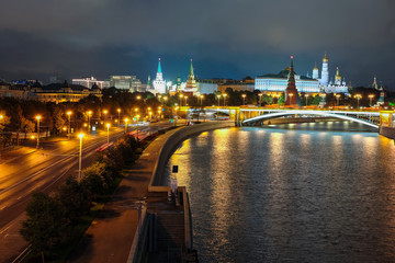 Fototapeta na wymiar Moscow, Russia - September, 17, 2016: night landscape with the image of the Moskow (Moskva) River embankment and the Kremlin