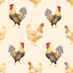 Watercolor cock rooster pattern