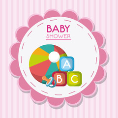 Baby pacifier ball and toy inside flower seal stamp. Baby shower and childhood theme. Colorful design. Vector illustration