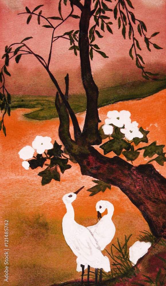 Wall mural two white birds and tree