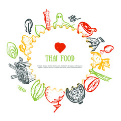 Thai food hand drawn rough doodles. Thai sketch banner for cafe menu, site header, promotion.