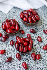 Ripe juicy berries of dogwood. Cornel. Selective focus