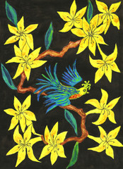 Bird on branch with yellow flowers, painting