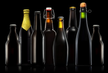 Set of beer bottles with clipping path isolated on black gradient background