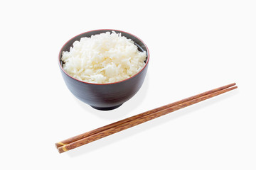 Cup of cooked rice with chopsticks, with clipping path.
