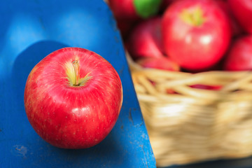 Honey Crisp apples outside on an Adirondack chair.