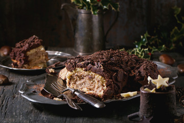 Sliced christmas chocolate yule log