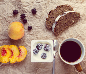 Fresh fruits, yogurt and coffee for breakfast
