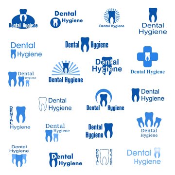 Abstract icons for dental hygiene. Set logo with blue lettering with human teeth and dental hygiene on a white background