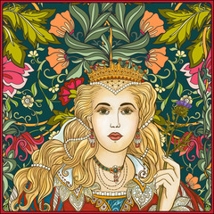 Medieval Queen on floral background.