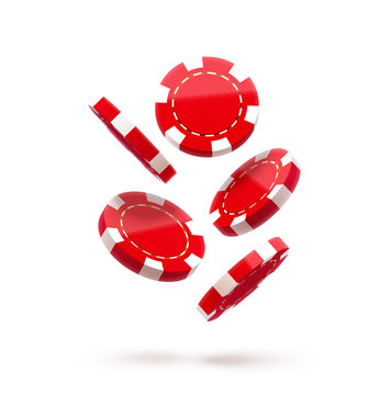 casino red chips,   isolated on white,  chip icon,   in air,   fall down,   realistic objects,   with shadows
