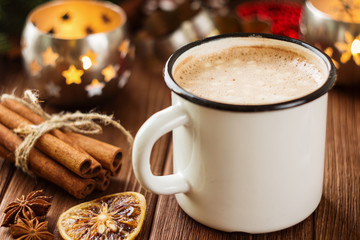 Enamel cup of hot cocoa with mini marshmallows