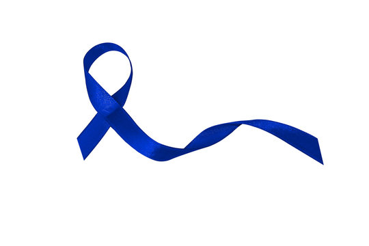 Dark blue ribbon awareness. Symbolic concept of concern awareness campaign to help people living W/ the disease is cancer of the rectum. Dark blue ribbon isolated on white background.