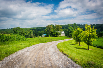 Fototapeta na wymiar Dirt road and fields in rural Carroll County, Maryland.