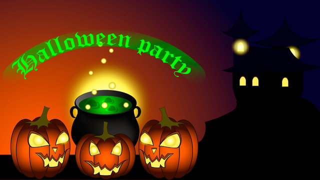 Halloween party background with a lock, pumpkin, pot and potion