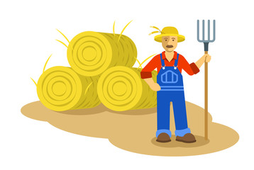 Farmer man standing with pitchfork near group of hay bales. Vector flat illustration. Farming cartoon character. Organic agriculture concept. Smallholder harvesting in work uniform