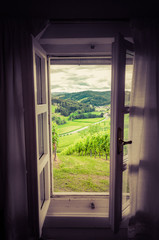 Open window with views over vineyard in Gamlitz, Austria