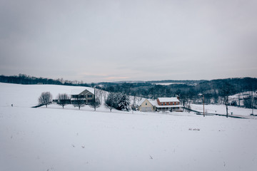 View of fields and houses in rural Baltimore County, Maryland.