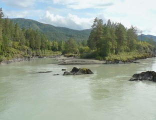 Wide river Katun with islands in the Altai Mountains