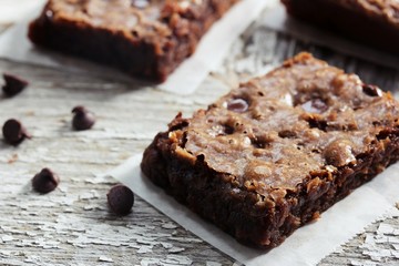 Homemade brownies, selective focus