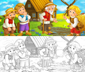 Obraz na płótnie Canvas Cartoon scene - group of people talking - life in small village - old medieval times - illustration for children