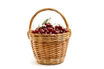 Basket full of fresh red cherry on a white background
