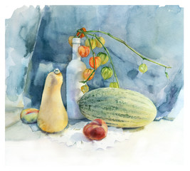 Fototapeta premium Watercolor painting. Still life with fruit. Yellow pumpkin, physalis, peaches and melon.