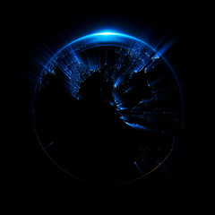 A stylized image of a planet Earth. 3d rendering. city light map. Abstract lights of technology. Abstract ring background with luminous cities. Space for message. Maps from NASA imagery